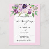 ピンクの紫色の水色の花模様の結婚アーチ インビテーションポストカード (正面)