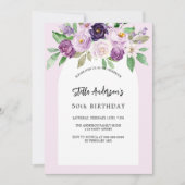 ピンクの紫色の水色の花模様誕生日 招待状 (正面)