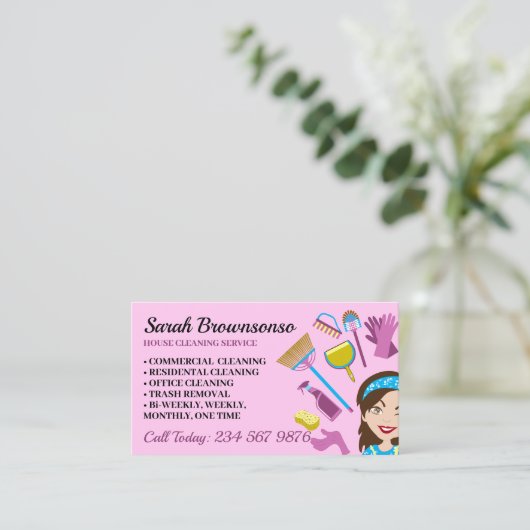 ピンクの紫色の清掃ユニット女性の漫画の家の清掃 名刺 (スタンド正面)