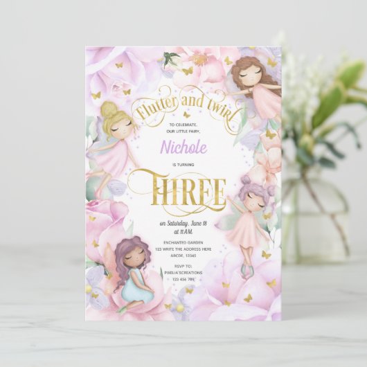 ピンクの紫色の花と庭の妖精、3番目の誕生日 招待状 (スタンド正面)