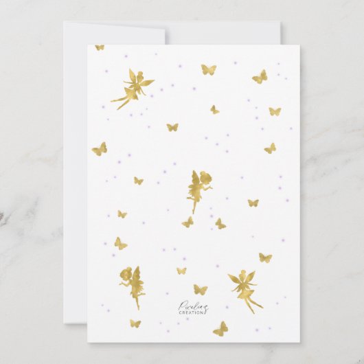 ピンクの紫色の花と庭の妖精、3番目の誕生日 招待状 (裏面)