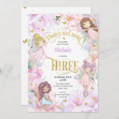 ピンクの紫色の花と庭の妖精、3番目の誕生日 招待状 (正面/裏面)
