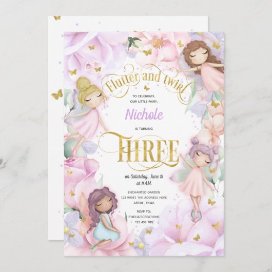 ピンクの紫色の花と庭の妖精、3番目の誕生日 招待状 (正面/裏面)
