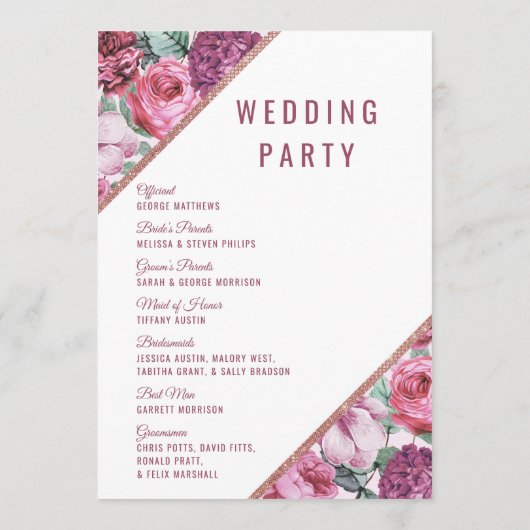 ピンクの紫色の花のばら色の金ゴールドの結婚式プログラム プログラム (裏面)