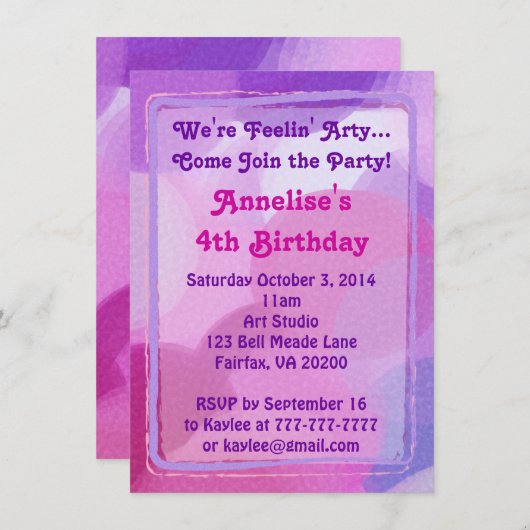 ピンクの紫色の芸術のパーティーのペンキは招待状に点を打ちます 招待状 (正面/裏面)