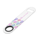 ピンクの紫色の青および赤い水彩画のチューリップのモノグラム スピード栓抜き (正面アングル)