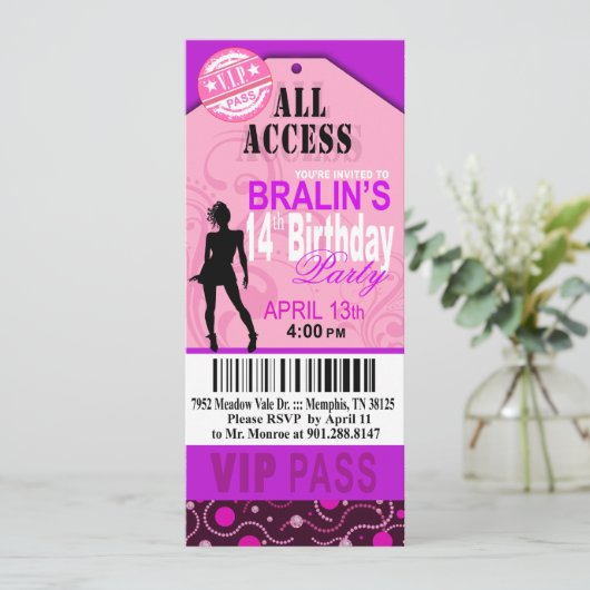 ピンクの紫色VIPの第14誕生日のチケットのパーティー 招待状 (スタンド正面)