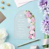 ピンクの紫陽花のアーチの結婚式 アクリル招待状 (インサイチュ (ウェディング))