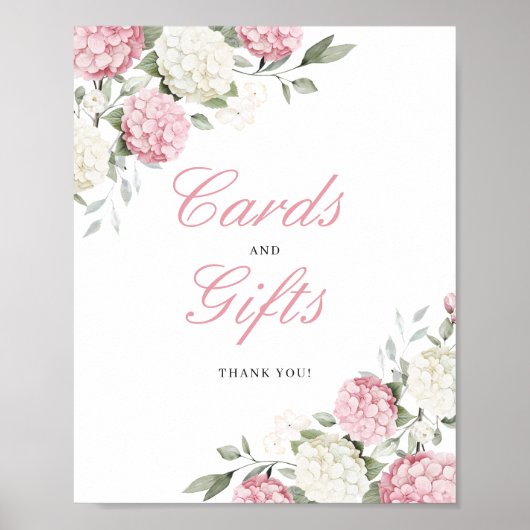 ピンクの紫陽花のカードとギフトの結婚式サイン ポスター (正面)