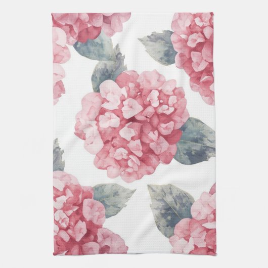 ピンクの紫陽花の水彩花の花の絵 キッチンタオル (縦)