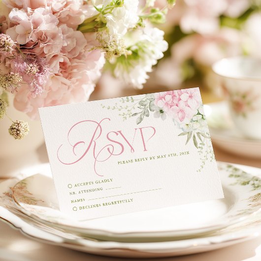 ピンクの紫陽花の結婚式RSVPカード 出欠カード