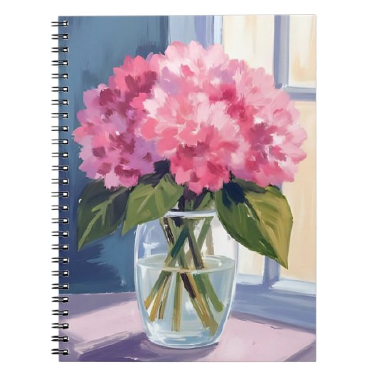 ピンクの紫陽花の花瓶フラワーブーケ水彩画 ノートブック (正面)
