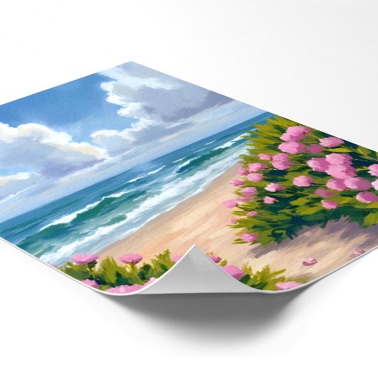 ピンクの紫陽花 海辺のコースト ビーチ イン ブルーム ポスター (角)