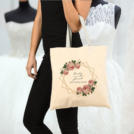 ピンクの結婚フローラエレガント金ゴールドグリッター幾何学的 トートバッグ