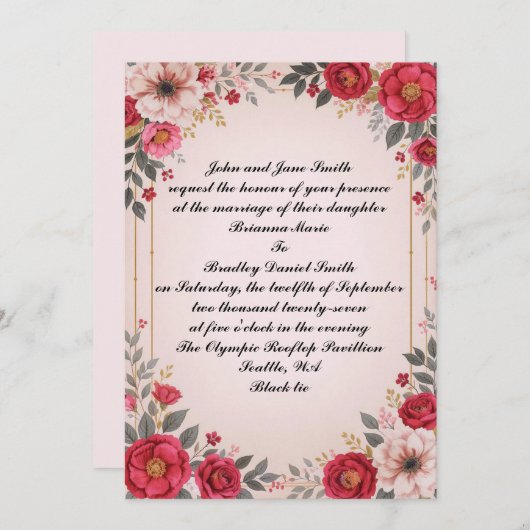 ピンクの結婚フローラ 招待状 (正面/裏面)