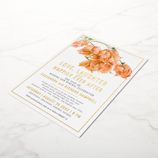 ピンクの結婚ブーゲンビリアの誓い更新金ゴールドオレンジ 箔招待状 (回転した状態)