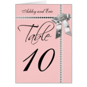 ピンクの結婚式のテーブル数カード銀の弓リボン (正面)