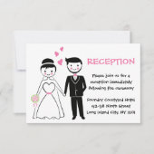 ピンクの結婚式の披露宴 - カートゥーンの花嫁と新郎 招待状 (正面)