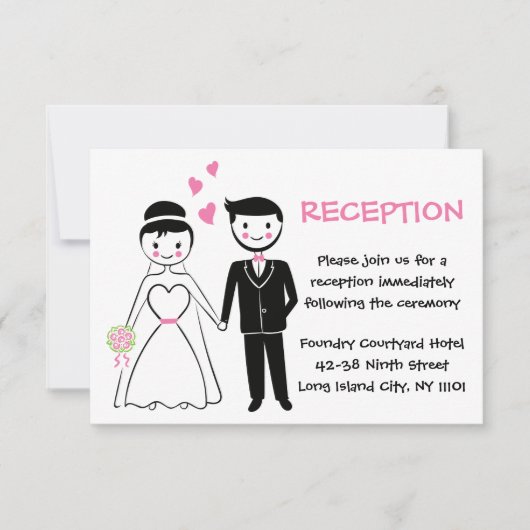 ピンクの結婚式の披露宴 - カートゥーンの花嫁と新郎 招待状 (正面)