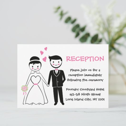 ピンクの結婚式の披露宴 - カートゥーンの花嫁と新郎 招待状 (スタンド正面)
