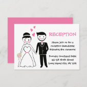 ピンクの結婚式の披露宴 - カートゥーンの花嫁と新郎 招待状 (正面/裏面)