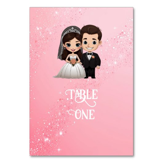 ピンクの結婚式招待状とダイヤモンドスパークル テーブルナンバー (正面)