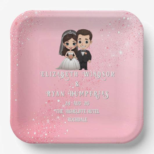 ピンクの結婚式招待状とダイヤモンドスパークル ペーパープレート (正面)