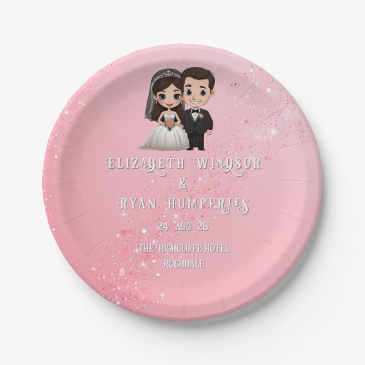 ピンクの結婚式招待状とダイヤモンドスパークル ペーパープレート (正面)
