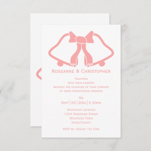 ピンクの結婚式招待状ベルとリボン 招待状 (正面/裏面)