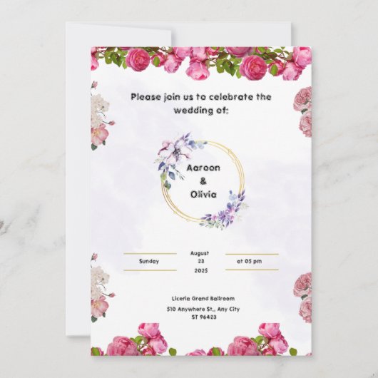 ピンクの結婚式招待状（水彩画風） 招待状 (正面)