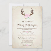 ピンクの結婚式招待状　野生の鹿の角　ラスティック 招待状 (正面)