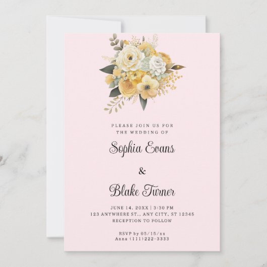 ピンクの結婚式+イエロー+ホワイトの花束 招待状 (正面)