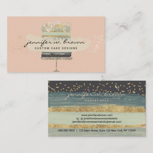 ピンクの結婚背景に明るい緑のケーキ 名刺 (正面/裏面)