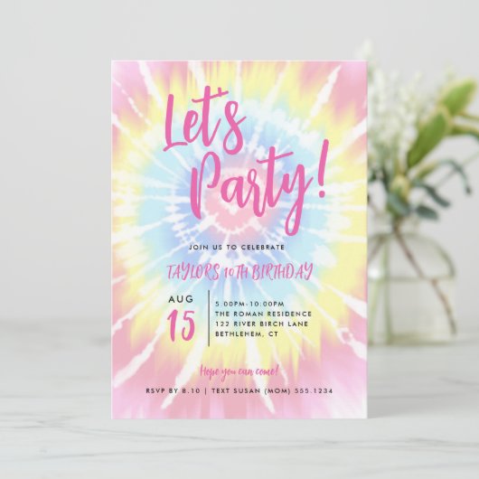 ピンクの絞り染め、レッツのパーティー任意の年齢誕生日 招待状 (スタンド正面)