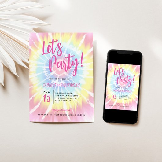 ピンクの絞り染め、レッツのパーティー任意の年齢誕生日 招待状
