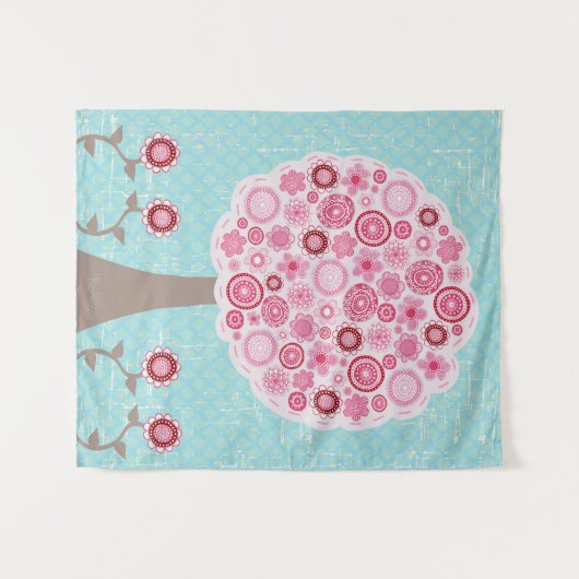 ピンクの絵を描花の木 タペストリー (正面(横))