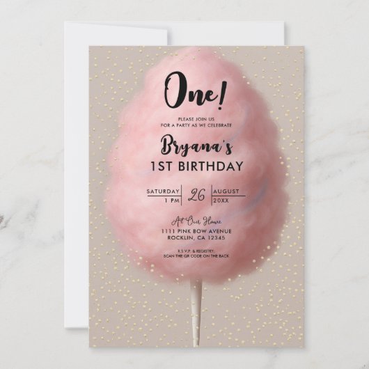ピンクの綿あめ ゴールドの紙吹雪 1歳の誕生日パーティー 招待状 (正面)