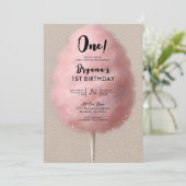 ピンクの綿あめ ゴールドの紙吹雪 1歳の誕生日パーティー 招待状 (スタンド正面)