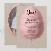 ピンクの綿あめ ゴールドの紙吹雪 1歳の誕生日パーティー 招待状 (正面/裏面)