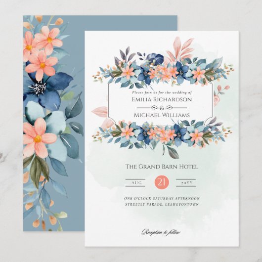 ピンクの綿埃と淡い青の花のヴィンテージウェディング 招待状 (正面/裏面)