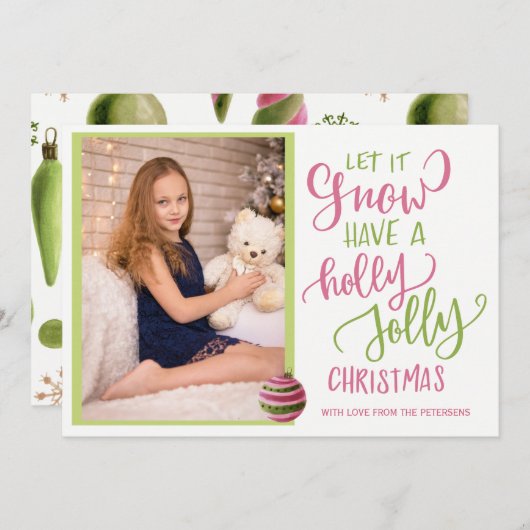 ピンクの緑で雪のスクリプトを許可クリスマスの写真 シーズンカード (正面/裏面)