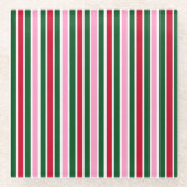 ピンクの緑と赤ストライプのクリスマスキャンディーケイン ガラスコースター (正面)