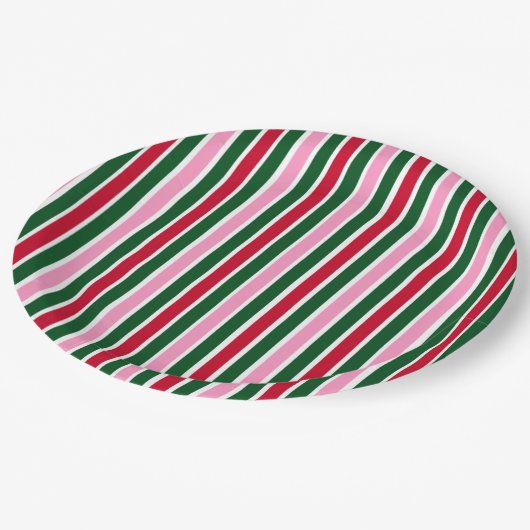 ピンクの緑と赤ストライプのクリスマスキャンディーケイン ペーパープレート (アングル)