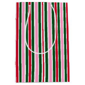 ピンクの緑と赤ストライプのクリスマスキャンディーケイン ミディアムペーパーバッグ (正面)