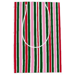ピンクの緑と赤ストライプのクリスマスキャンディーケイン ミディアムペーパーバッグ