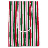 ピンクの緑と赤ストライプのクリスマスキャンディーケイン ミディアムペーパーバッグ (裏面)