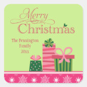 ピンクの緑のお洒落プレゼントのクリスマスシール スクエアシール (正面)