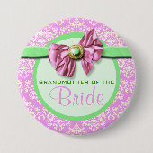 ピンクの緑のアイボリーのダマスク織の花嫁 缶バッジ (正面)