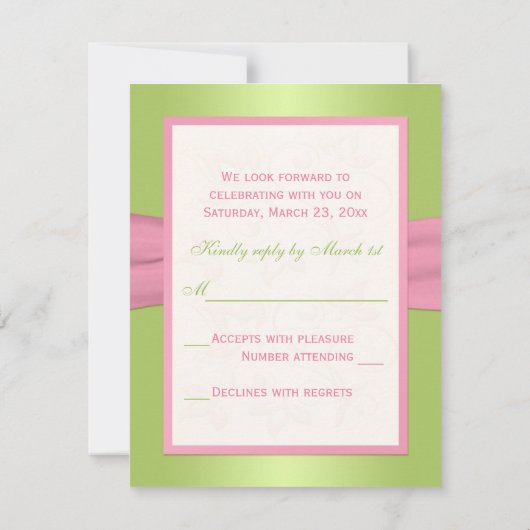 ピンクの緑のアイボリーの花柄はハートRSVPカードを結合しました 出欠カード (裏面)