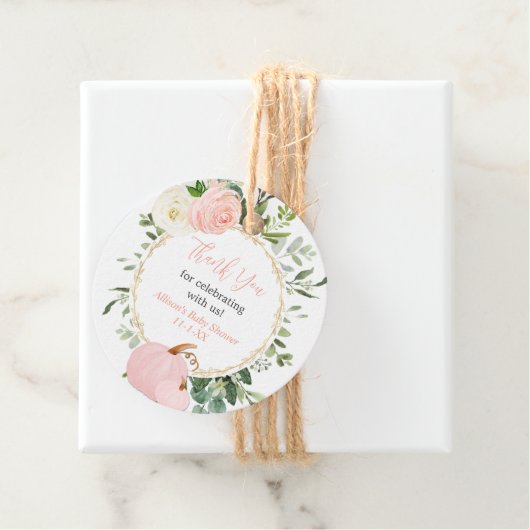 ピンクの緑のカボチャエレガントの秋の赤ちゃんシャワー フェイバータグ (インサイチュ)